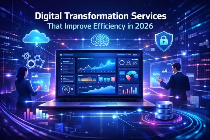 Business professionals analyzing digital transformation metrics and company growth strategy