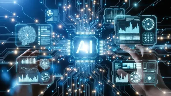 Artificial Intelligence dashboard showing machine learning analytics and digital automation technologies